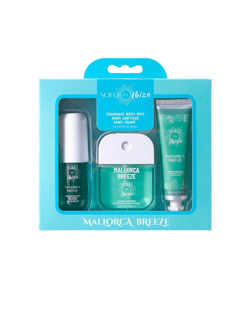 Solo en Ibiza Majorca Breeze 3pc Gift Set Body Mist Hand Sanitizer Hand Cream